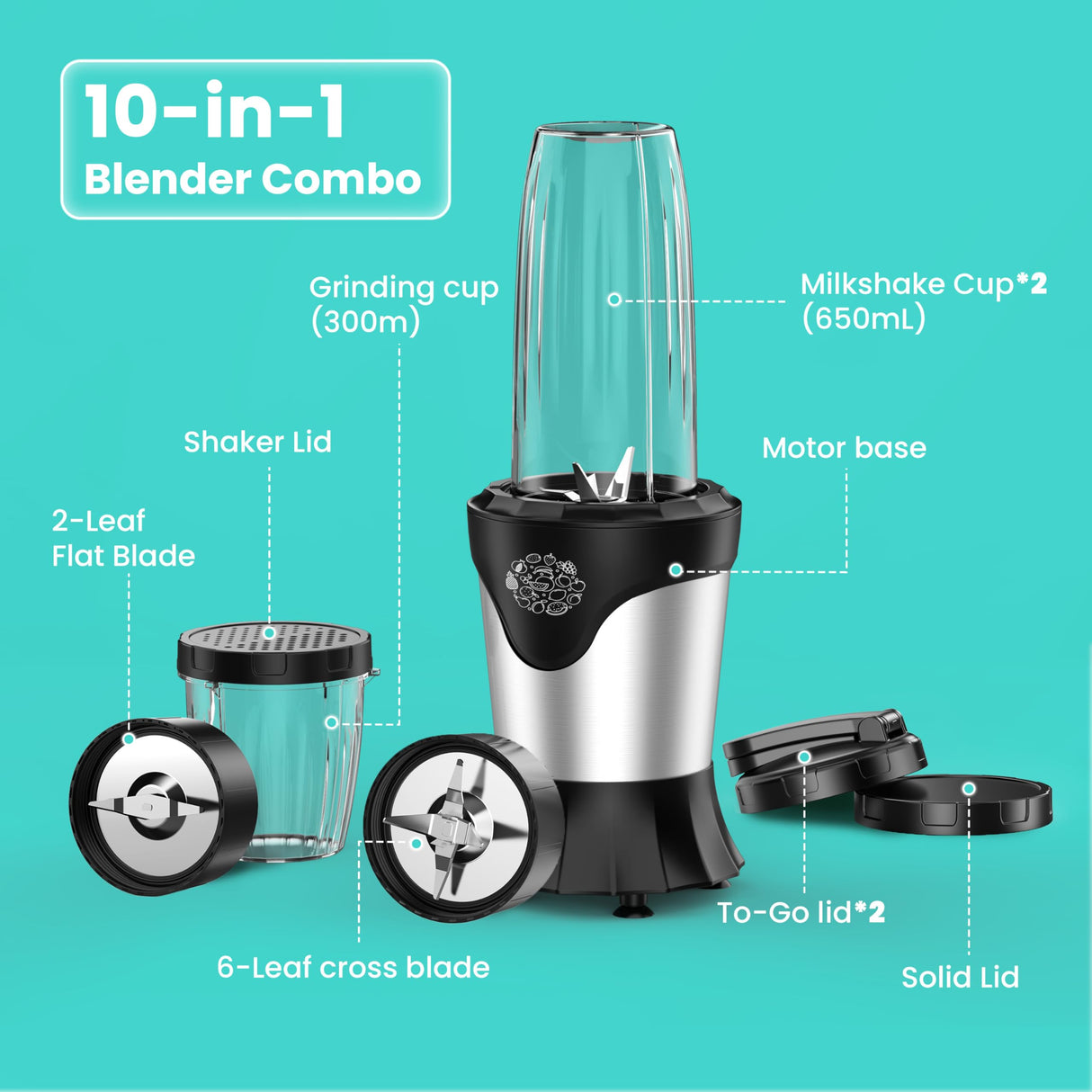 Suavo Smoothie Blender 1100W Portable Personal Blender for Shakes and Smoothies with 2 * 22Oz To-Go Cups & Lids, Includes Portable Coffee Grinder and 10Oz BPA-Free Travel Cup Countertop Mixer Blender SUAVO