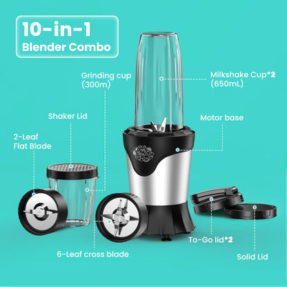 Suavo Smoothie Blender 1100W Portable Personal Blender for Shakes and Smoothies with 2 * 22Oz To-Go Cups & Lids, Includes Portable Coffee Grinder and 10Oz BPA-Free Travel Cup Countertop Mixer Blender