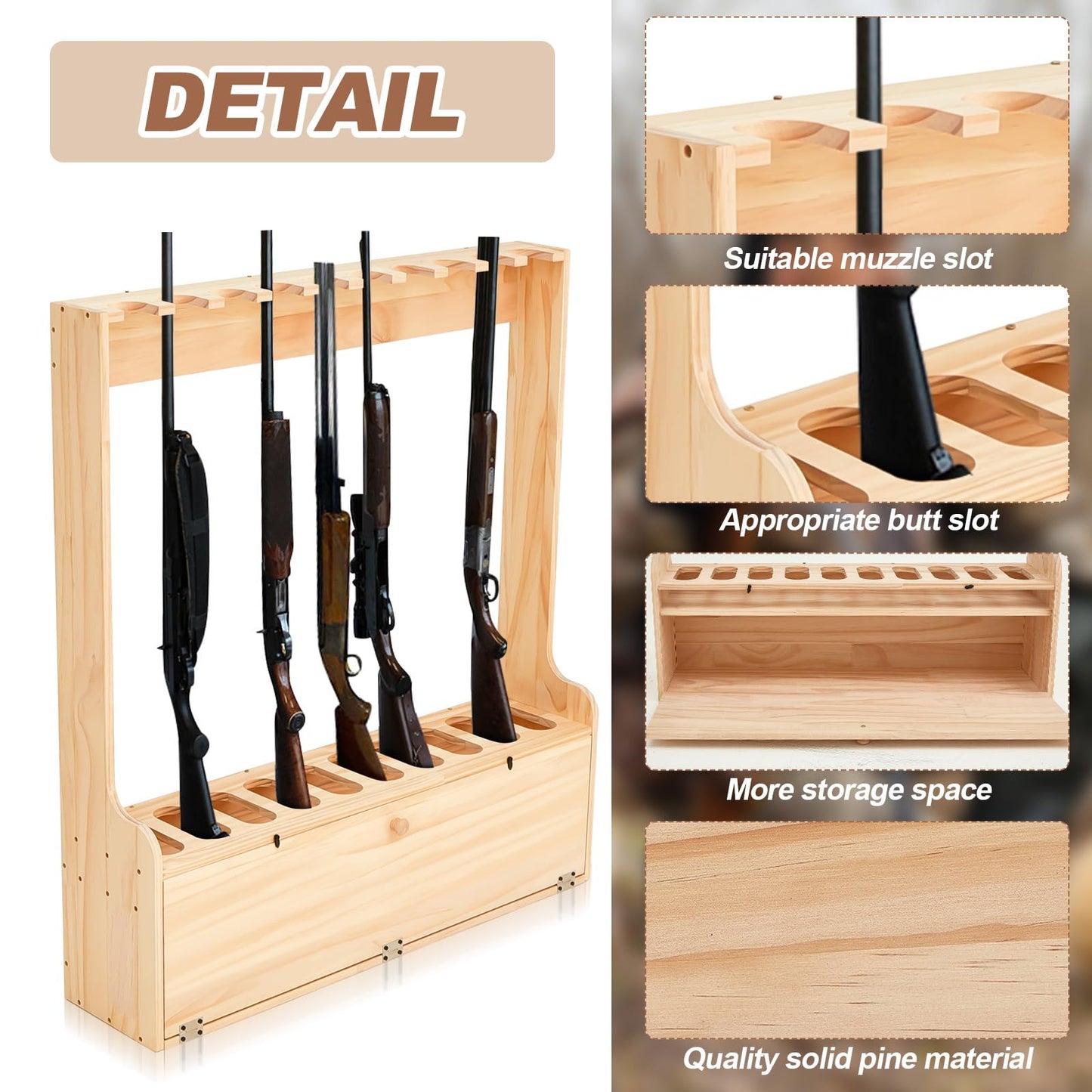 Soaoo Gun Rack with Storage Wood Gun Storage Display Rack Solid Pine Standing Gun Storage Rack Standing Rifle Rack Shotgun Storage Display Rack (10 Gun Floor Rack) - WoodArtSupply