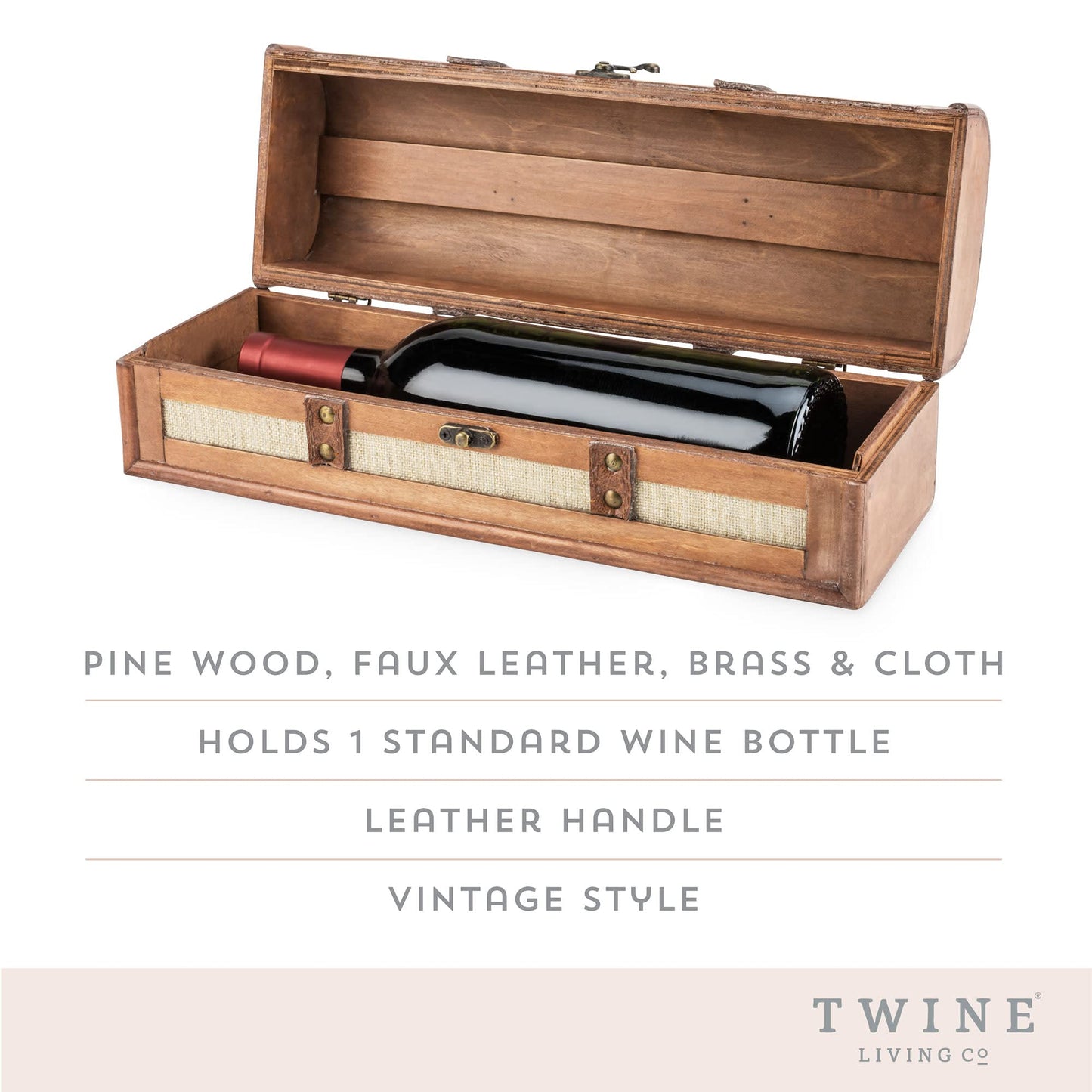 Twine Vintage Trunk Wine Bottle Gift Box, Wood Wine Box with Lid and Handle, Wood, Faux Leather, Brass, Cloth, Holds 1 Bottle - WoodArtSupply