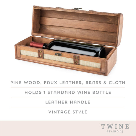 Twine Vintage Trunk Wine Bottle Gift Box, Wood Wine Box with Lid and Handle, Wood, Faux Leather, Brass, Cloth, Holds 1 Bottle Twine
