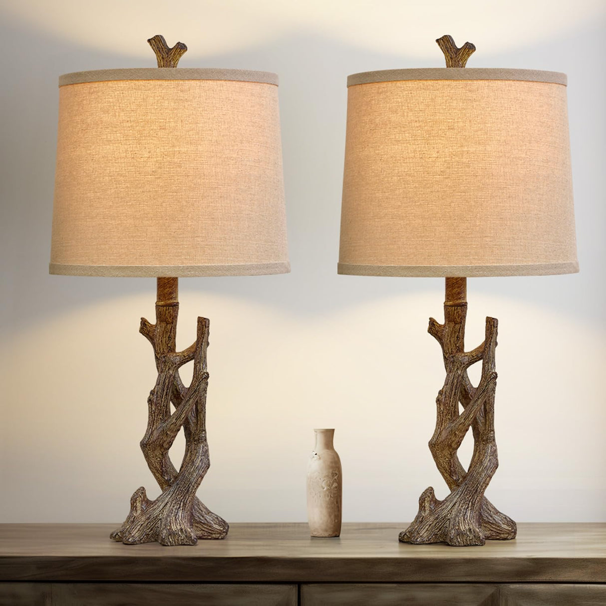 OYEARS 23" Rustic Farmhouse Table Lamp Country Cottage Lamps for Nightstand Tree Trunk Wood Grain Lamp for Bedroom Living Room with Oatmeal Fabric Round Shade Resin Bedside Lamp OYEARS