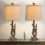 OYEARS 23" Rustic Farmhouse Table Lamp Country Cottage Lamps for Nightstand Tree Trunk Wood Grain Lamp for Bedroom Living Room with Oatmeal Fabric Round Shade Resin Bedside Lamp OYEARS