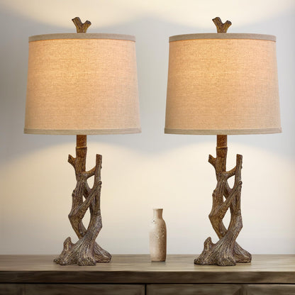 OYEARS 23" Rustic Farmhouse Table Lamp Country Cottage Lamps for Nightstand Tree Trunk Wood Grain Lamp for Bedroom Living Room with Oatmeal Fabric Round Shade Resin Bedside Lamp - WoodArtSupply