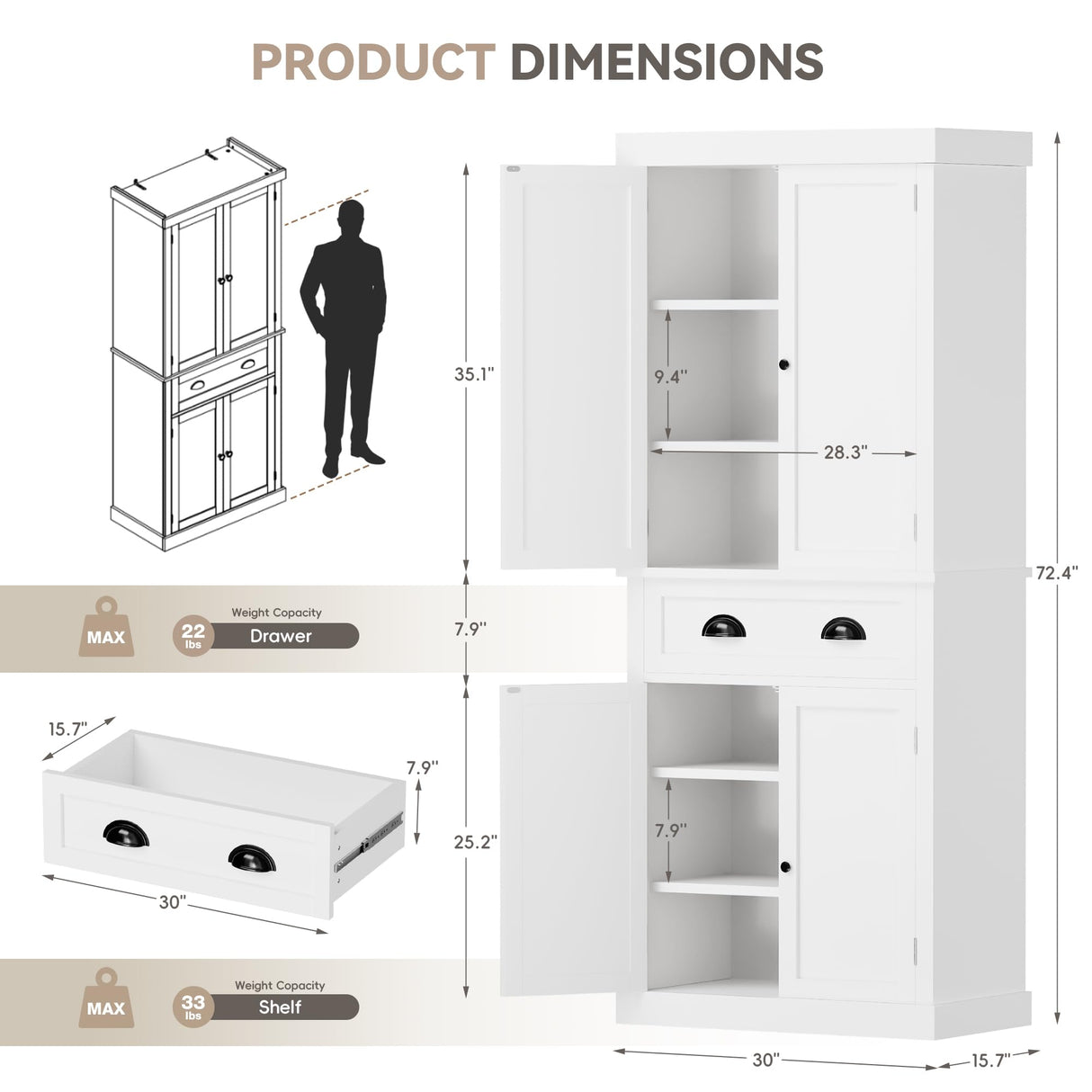 Homall 72" Pantry Storage Cabinet, Kitchen Freestanding Cupboard with Adjustable Shelves & Large Drawer, Tall Buffet Sideboard for Kitchen, Dining Room (White) Homall