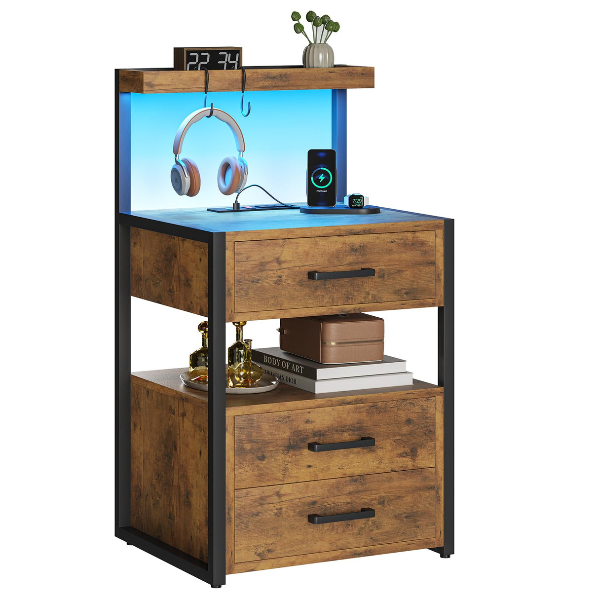 VIAGDO Led Nightstand with Charging Station, 3 Drawers Night Stands with Led Lights, Rustic Brown Bedside Tables with Storage Shelves, Modern End Side Tables for Bedroom, Office VIAGDO