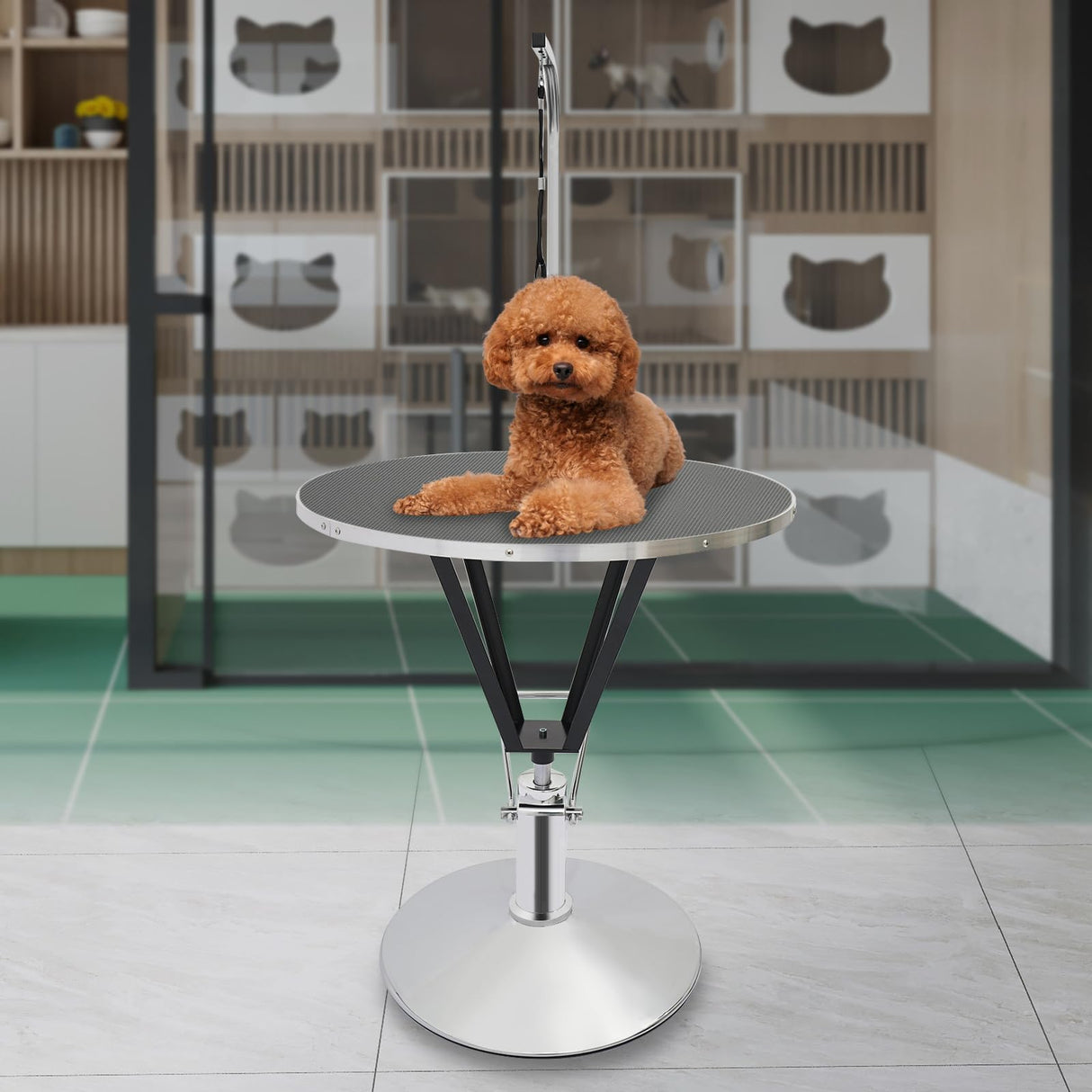 LUNUMAOS Hydraulic Pet Grooming Table with Adjustable Arms, 360 Degree Table Top Swivel Maximum Load 220 lbs Professional Pet Grooming Table, 34in Hydraulic (Black,Round) LUNUMAOS