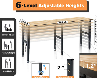 Albott 84x24” Adjustable Workbench 28.7-38.6" Height, Rubber Wood Top Heavy Duty Workbench with Power Outlets & Hooks, 5000 LB Capacity Workbench for Garage, Workshop, Home & Office