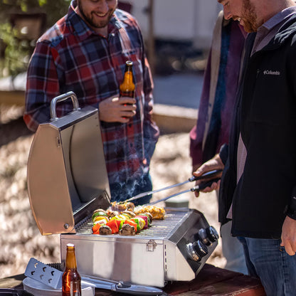 Monument Grills Tabletop Propane Gas Grill for Outdoor Portable Camping Cooking with Travel Locks, Stainless Steel High Lid, and Built in Thermometer