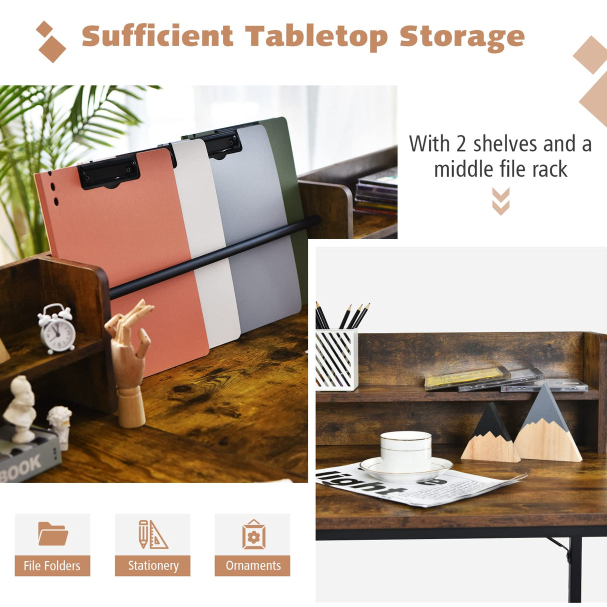 COSTWAY L-shaped Computer Desk with Hutch, Space-saving Corner Computer Desk with File Rack & 2 Shelves, 66.5” Industrial Table with Heavy-duty Steel Frame, for Home Office Study Room (Rustic Brown) COSTWAY