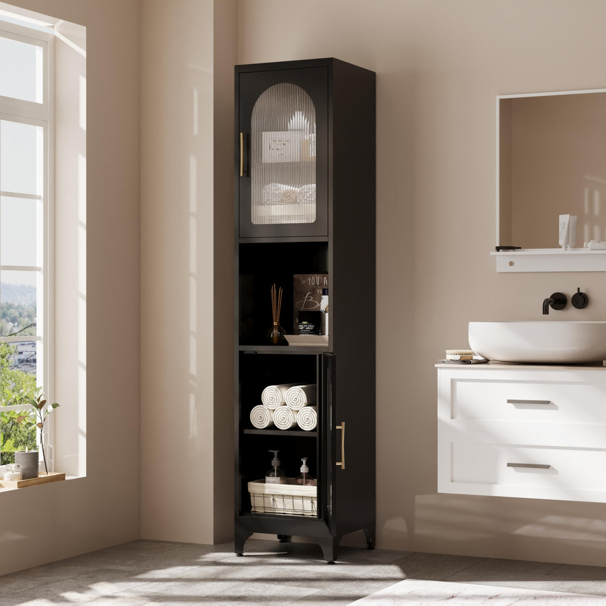 75"H Tall Bathroom Storage Cabinet, Metal Cabinets with Open Compartment, Narrow Storage Cabinet with Doors and Adjustable Shelves, Black Kitchen Pantry, Slim Storage Locker for Bathroom, Living Room MetalMax