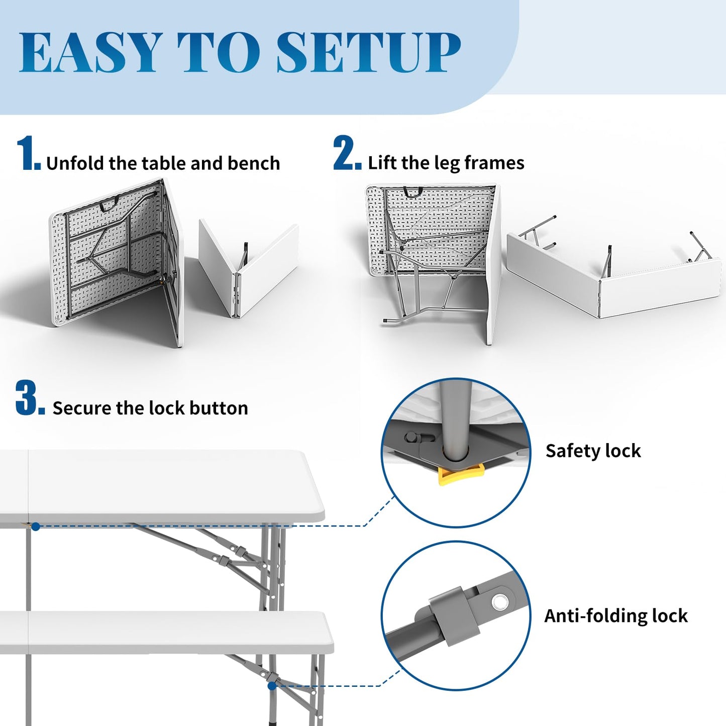 HLPB Folding Table Picnic Table Set, 6 ft Camping Table with 2 Benches, Outdoor Indoor Portable Folding Table for Working Meeting Parties, Camping, Picnic, Weddings w/Handle and Safety Locks, White