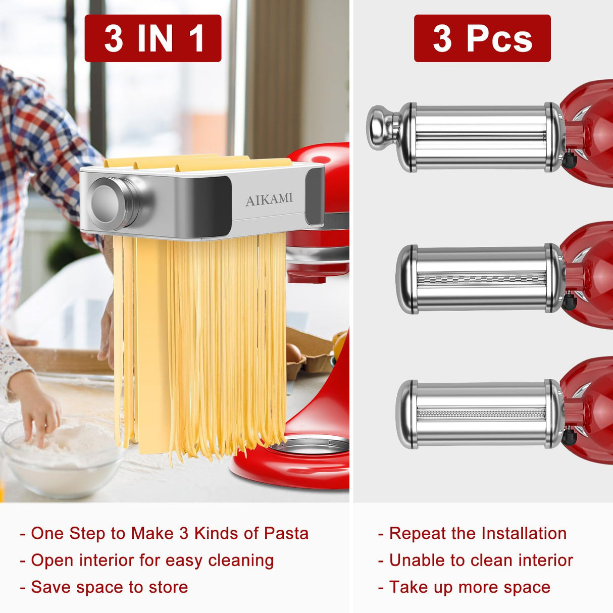 AIKAMI Metal Pasta Maker Attachment for Kitchenaid Stand Mixers 3 in 1 Set Includes Pasta Roller Spaghetti Cutter & Fettuccine Cutter and Cleaning Brush, Pasta Attachment AIKAMI