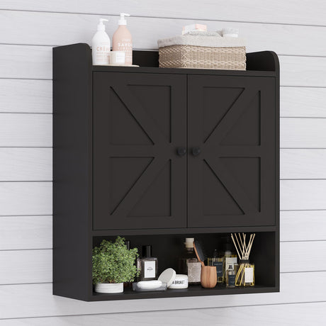 EasyCom 22" W x 26" H Bathroom Wall Cabinet, Farmhouse Medicine Cabinet with Adjustable Shelves and Double Barn Doors, Over The Toilet Storage Cabinet for Bathroom, Kitchen, Living Room, Black EasyCom
