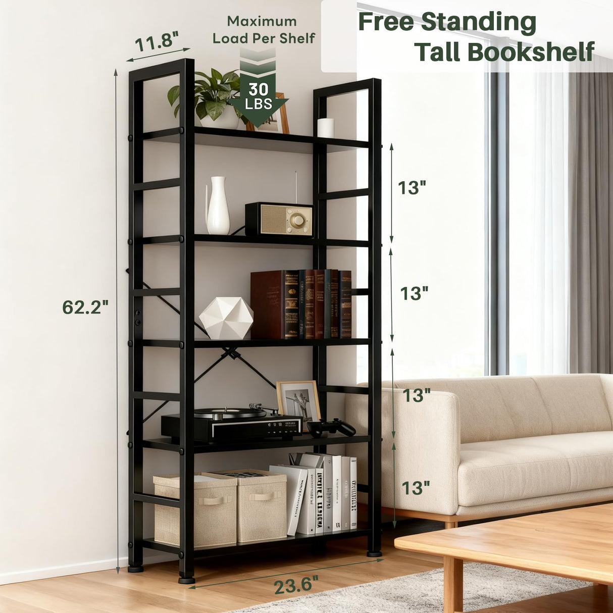 SageNest 5-Tier Bookshelf, Free Standing Wooden Bookcase with Open Storage Shelves with Metal Frame, Sturdy Shelf Organization Display Rack for Living Room, Bedroom, Home Office, 62.2" Tall, Black SageNest