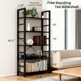 SageNest 5-Tier Bookshelf, Free Standing Wooden Bookcase with Open Storage Shelves with Metal Frame, Sturdy Shelf Organization Display Rack for Living Room, Bedroom, Home Office, 62.2" Tall, Black SageNest