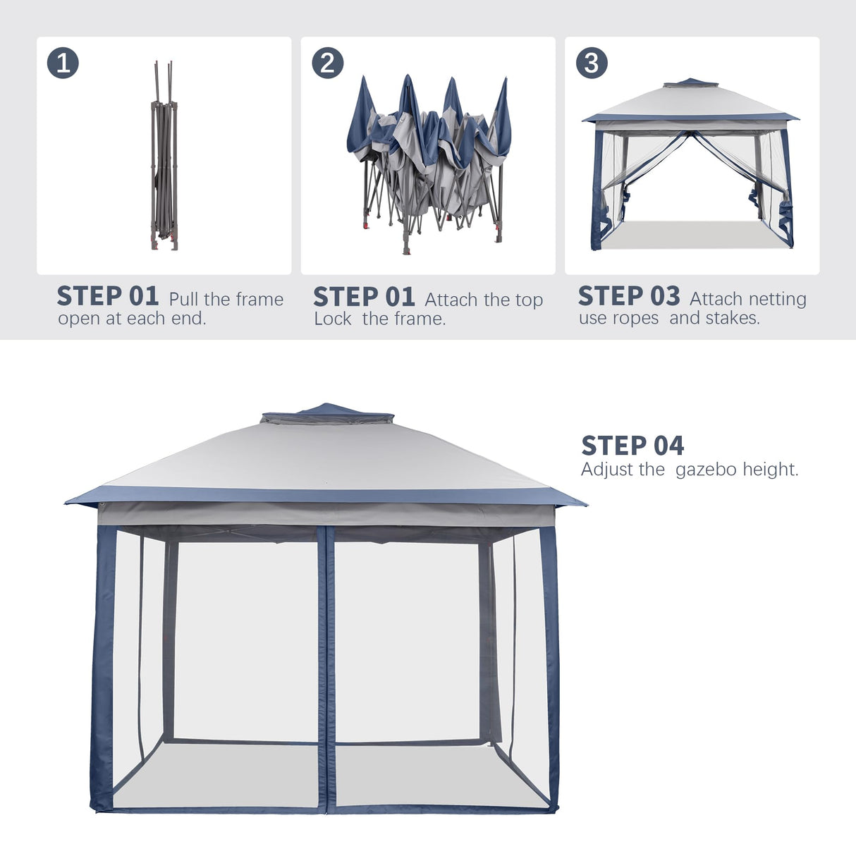 GDY 11x11 Pop Up Canopy Tent, Outdoor Canopy with Netting, Outdoor Gazebo for Backyard, Tent with Wheeled Cover Bag, Blue. GDY