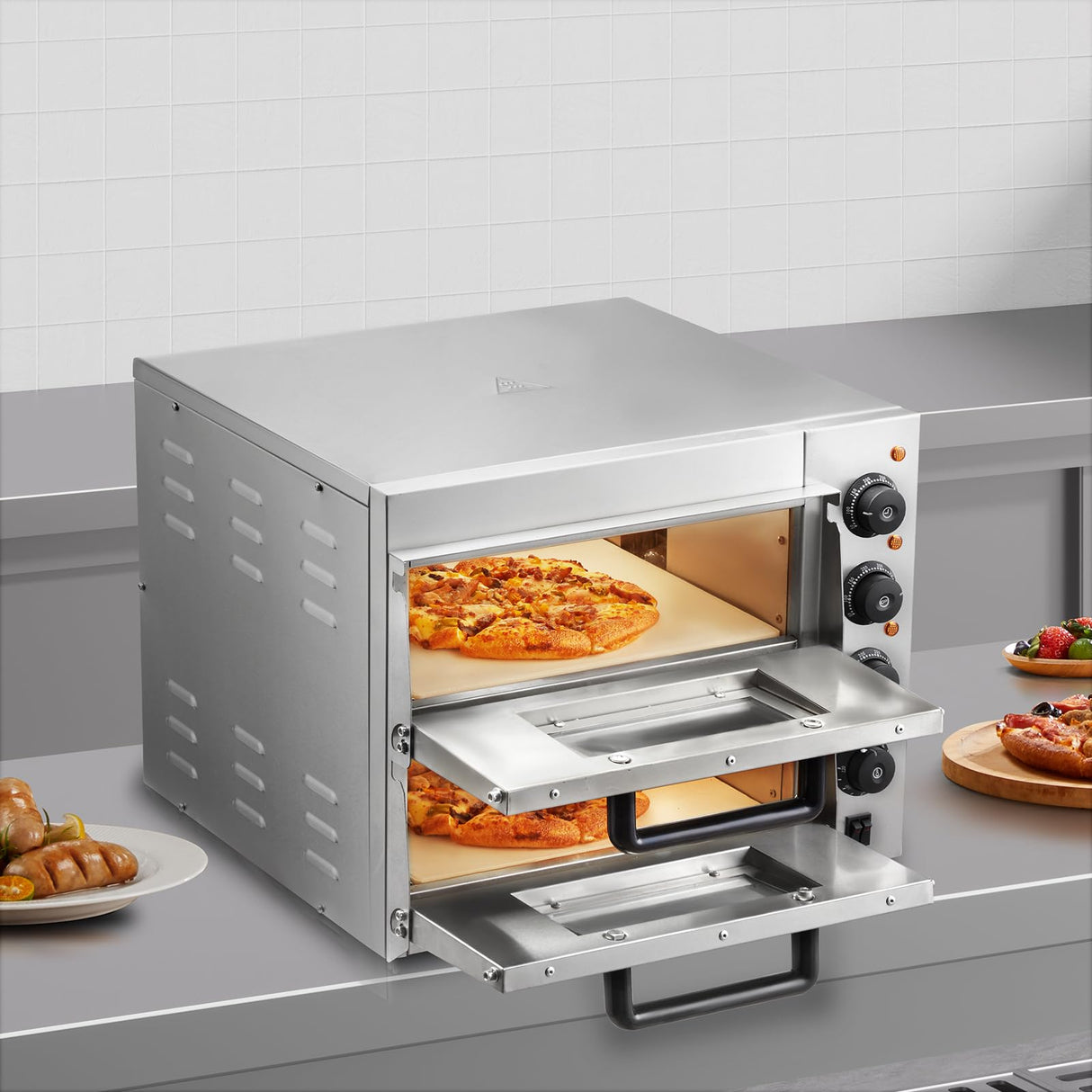 VEVOR Commercial Pizza Oven Countertop, 14" Double Deck Layer, Stainless Steel Electric Pizza Oven with Stone and Handle, Multipurpose Indoor Pizza Maker for Restaurant Home Pretzels Baked VEVOR