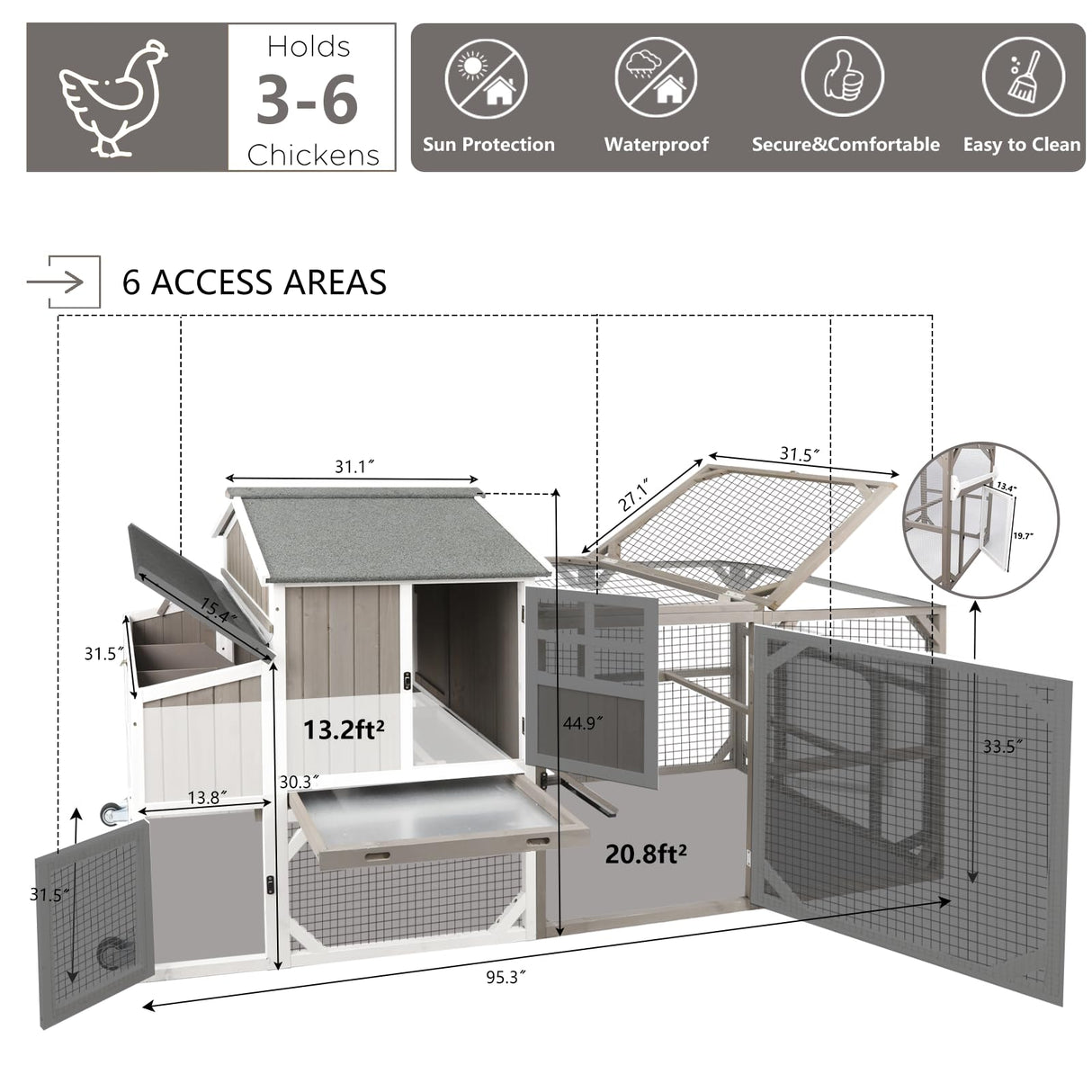 Gowoodhut Chicken Coop Mobile Wooden Hen House with Nesting Box,95.3" L Outdoor Chicken House with Wheels and Removable Tray,Fir Wood Chicken Tractor with 6 Ventilation Door and Ramp-Grey Gowoodhut