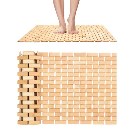 downluxe Bamboo Bath Mat for Bathroom - Waterproof Bamboo Shower Mat Non Slip, Foldable Bathroom Floor Mat for Indoor & Outdoor (Natural Color, 15" X 24", Small) downluxe