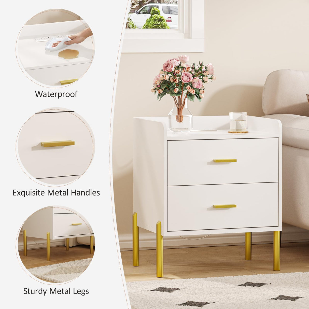 Vabches Nightstand Set of 2 with Built-in Charging Station, White Mid Century Modern Nightstand for Bedroom, Stylish End Tables for Lamps, Books Vabches