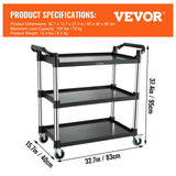 VEVOR Utility Service Cart, 3 Shelf Heavy Duty 154LBS Food Service Cart, Rolling Utility Cart with Lockable Wheels, 32.7" x 15.7" x 37.4" Plastic VEVOR