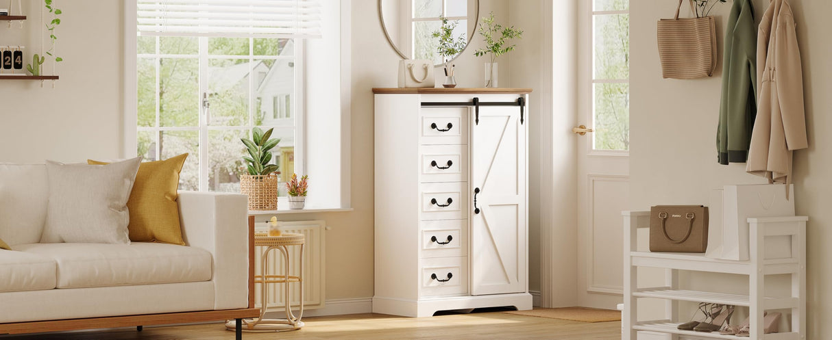 IRONCK 5 Drawers Dressers for Bedroom, Farmhouse Dresser Chest of Drawer with Sliding Barn Door,48” Tall Dresser Storage Organizer for Living Room, Entryway, White/Walnut IRONCK