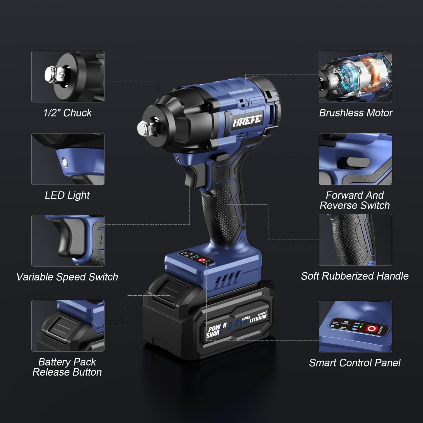 HreFe Cordless Impact Wrench 1/2 inch, 405Ft-lbs (550N.m) Power Impact Drill Set or Tools, 3200RPM High Torque Impact Driver, 2 x 4.0Ah Battery, 4 Sockets, Charger, Electric Impact Gun for Lu - WoodArtSupply