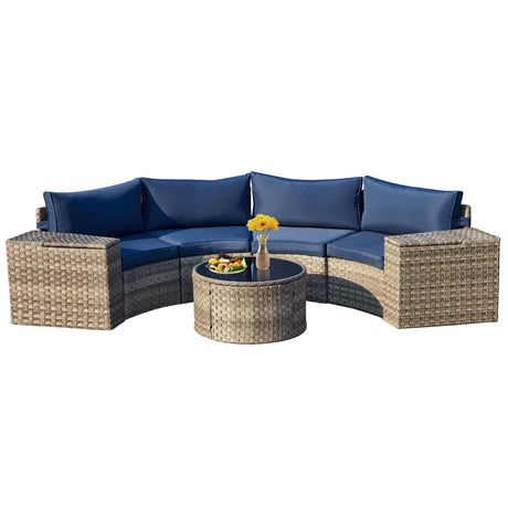 ECOTOUGE 7 Piece Outdoor Half Moon Furniture, Wicker Patio Sectional Conversation Set with 2 Storage Armrests and Glass Table, Brown Rattan Curved Sofa for Garden, Balcony and Backyard (Blue) ECOTOUGE