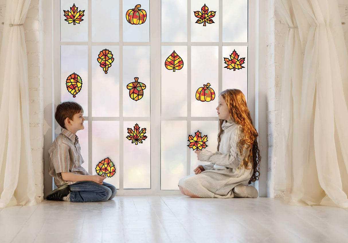 Renbuzhu 40PCS Fall Crafts Bulk: Leaves Pumpkins Paper Suncatchers DIY Kit for Autumn Thanksgiving Activities Decorations, Window Stained Glass Effect Art Supplies(Black Frame) Renbuzhu