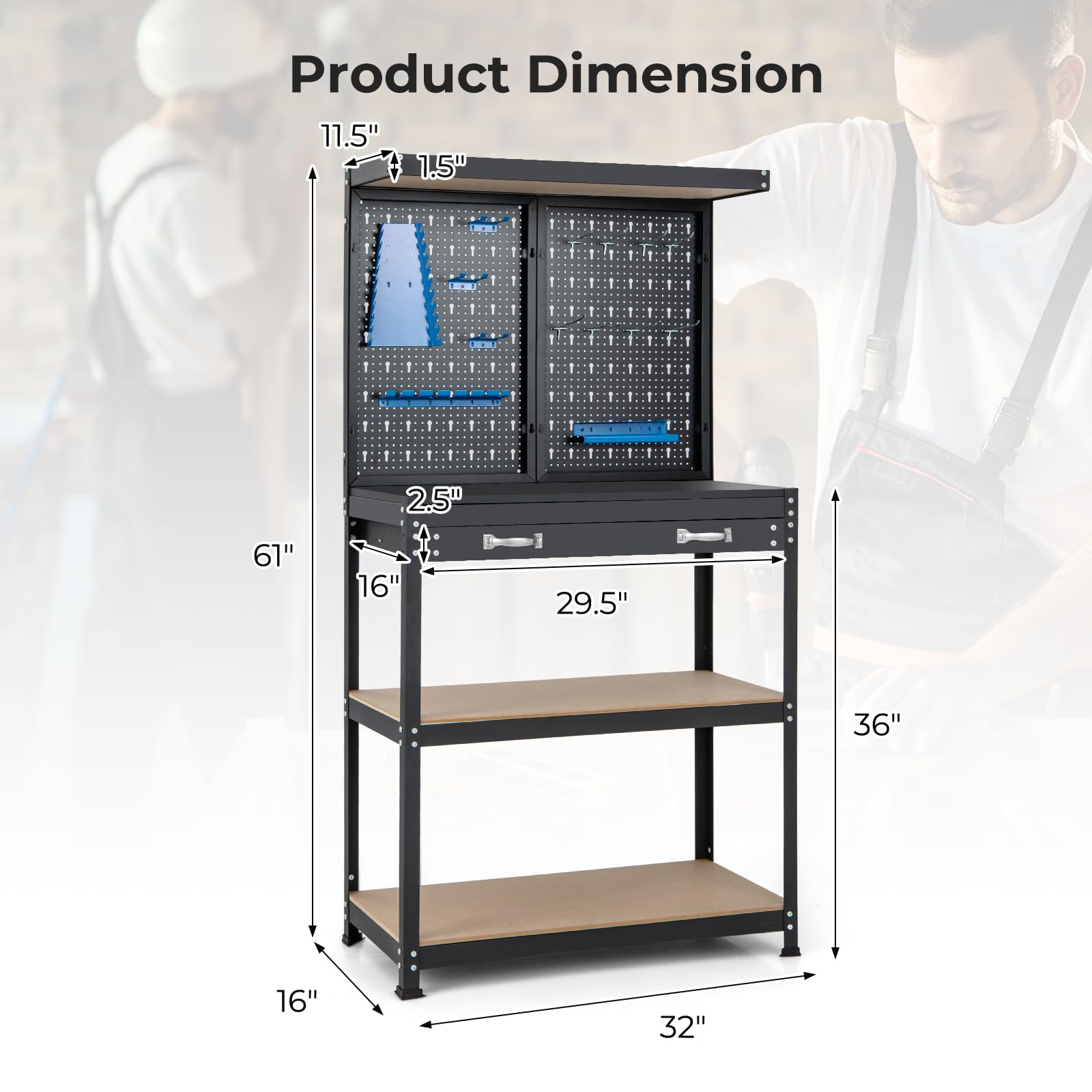 Goplus Workbench with Pegboard, 32" x 16" Multi-use Workbench with 2 Tires of Shelves, Topping Space, Drawer, Robust Metal Frame, Heavy-Duty Work Table Tool Storage Bench for Workshop Garage - WoodArtSupply