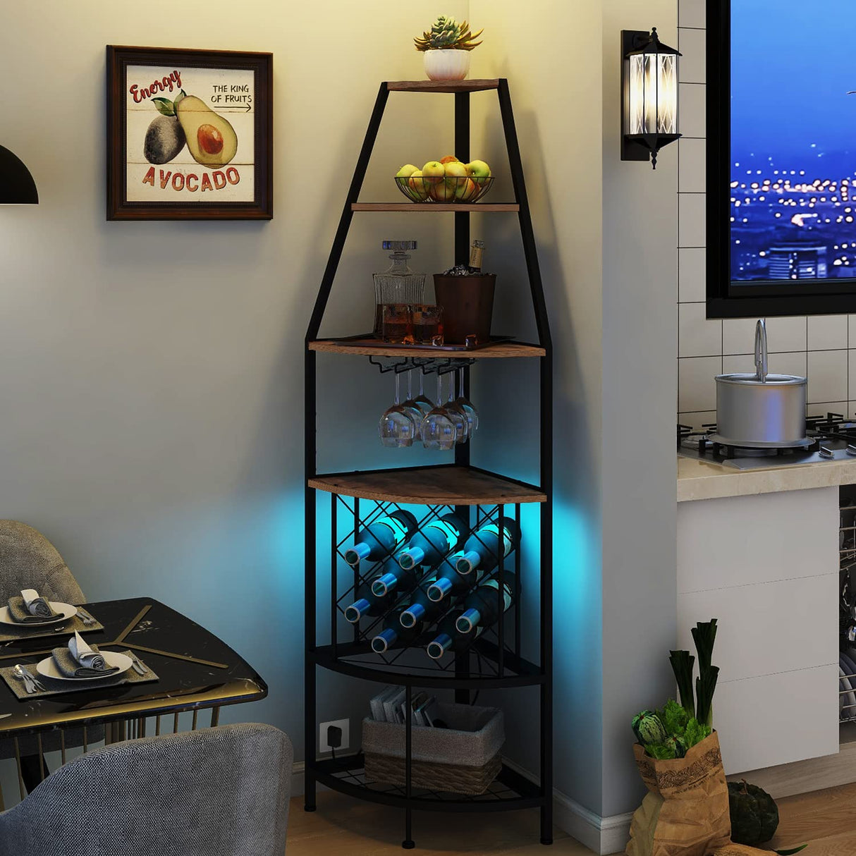 Espelism 5-Tier Corner Wine Rack with LED Light Floor Standing Wine Rack with Glass Holder and Bottles Wine Storage Home Bar Furniture for Kitchen Living Dining Room (Rustic Brown) Espelism