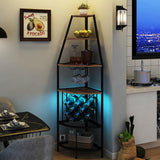 Espelism 5-Tier Corner Wine Rack with LED Light Floor Standing Wine Rack with Glass Holder and Bottles Wine Storage Home Bar Furniture for Kitchen Living Dining Room (Rustic Brown) Espelism