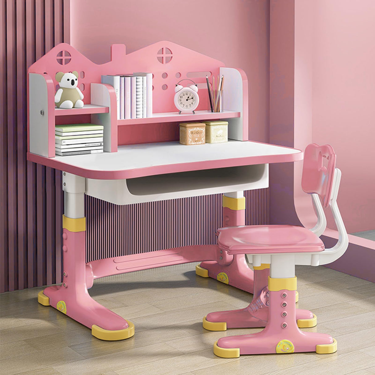 ZTGD Kids Adjustable Study Desk & Chair Set w/Storage,Drawers,Bookshelf,Child Toddler Writing Homework Table,Little Girl Work Computer Desk,Princess Preschool Desk,Escritorio Mesas para Niña (Pink A) ZTGD