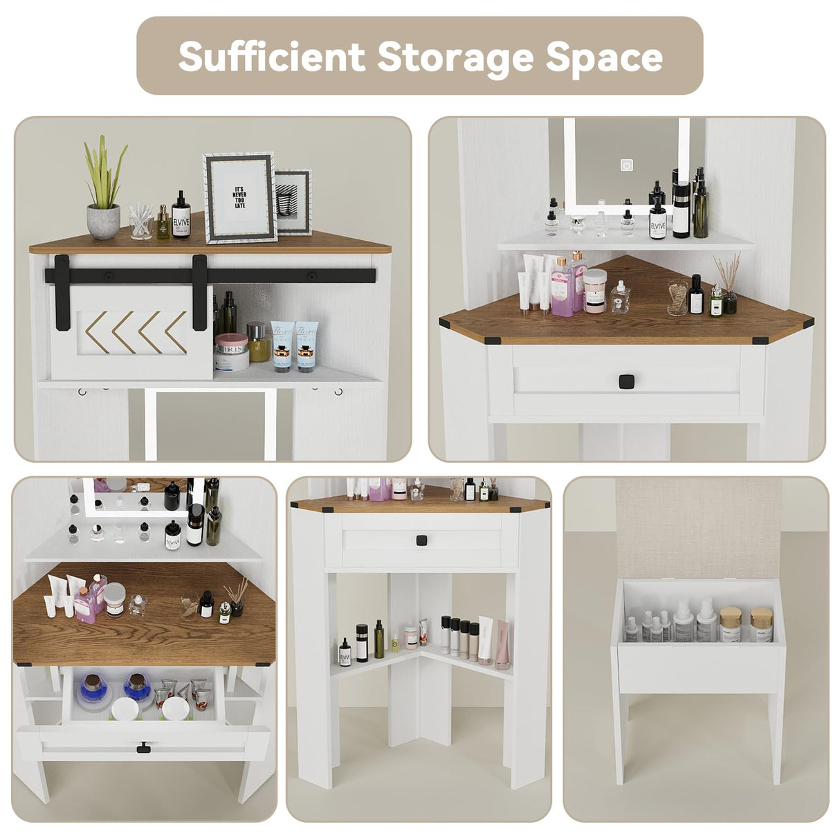 ARTETHYS Small Vanity Desk Set with Lights and Mirror Makeup Vanities with Drawers for Corner Space White Farmhouse Make up Dressing Table with Storage Stool for Bedroom ARTETHYS