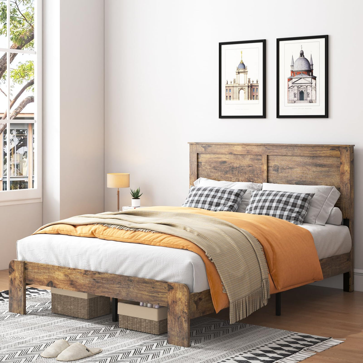 YHJIV Wood Queen Bed Frame with Headboard, Rustic Farmhouse Platform Bed Frame with 12 Wood Slats Support, No Box Spring Needed, Easy Assembly (Vintage Brown, Queen) YHJIV