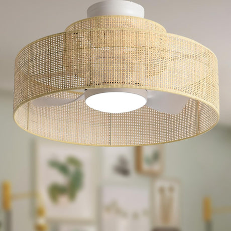 22” Bamboo DC Dimmable Ceiling Fan with Light and Remote Control,Boho Wooden Wicker Cage Rattan Bohemian Tropical Caged Wood Fandelier for Kitchen Indoor Bedroom Eamonex