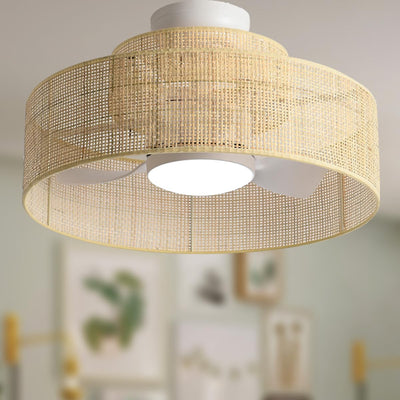 22” Bamboo DC Dimmable Ceiling Fan with Light and Remote Control,Boho Wooden Wicker Cage Rattan Bohemian Tropical Caged Wood Fandelier for Kitchen Indoor Bedroom