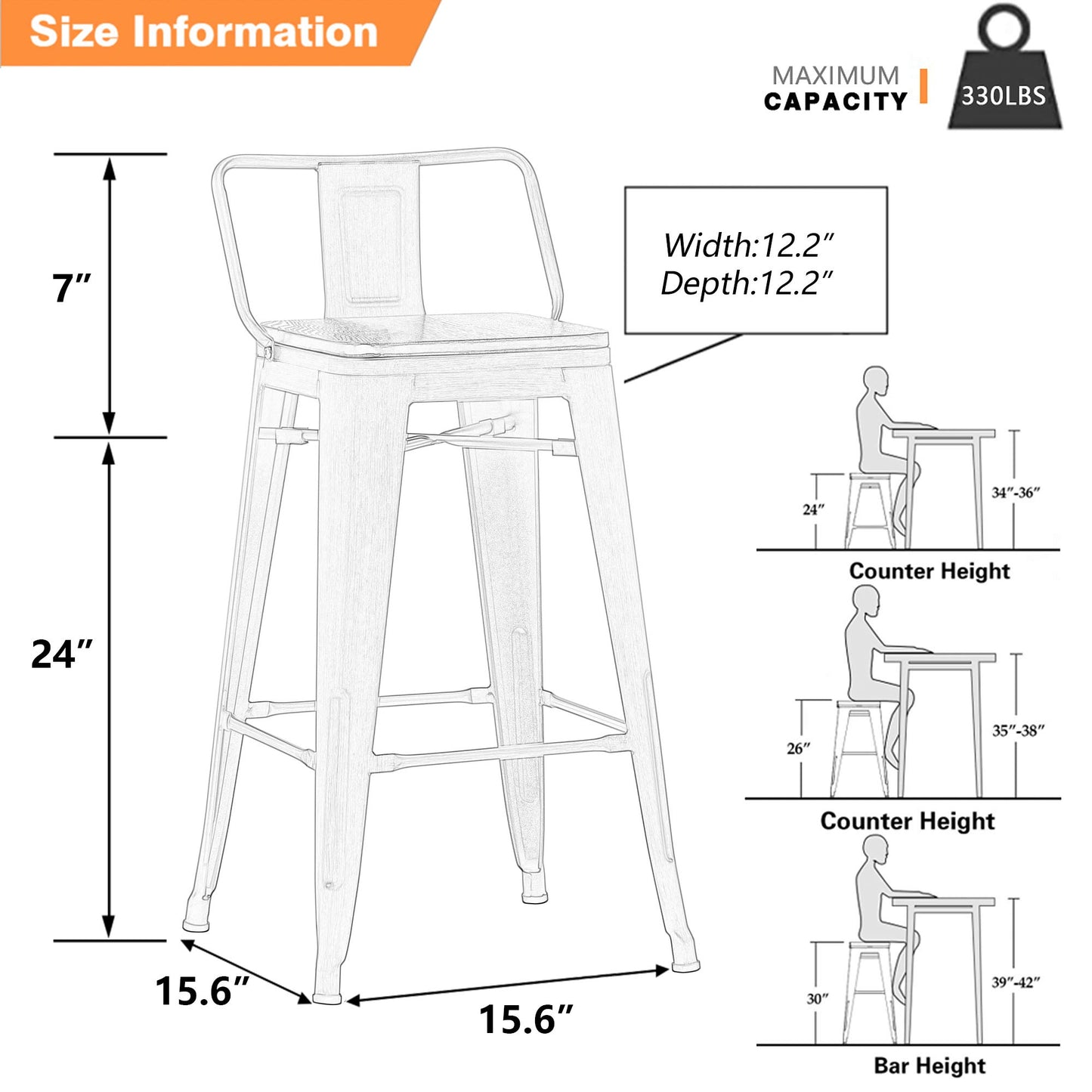 Yongchuang 24" Metal Barstools Set of 4 Counter Bar Stools with Wood Top Low Back Matte Black - WoodArtSupply