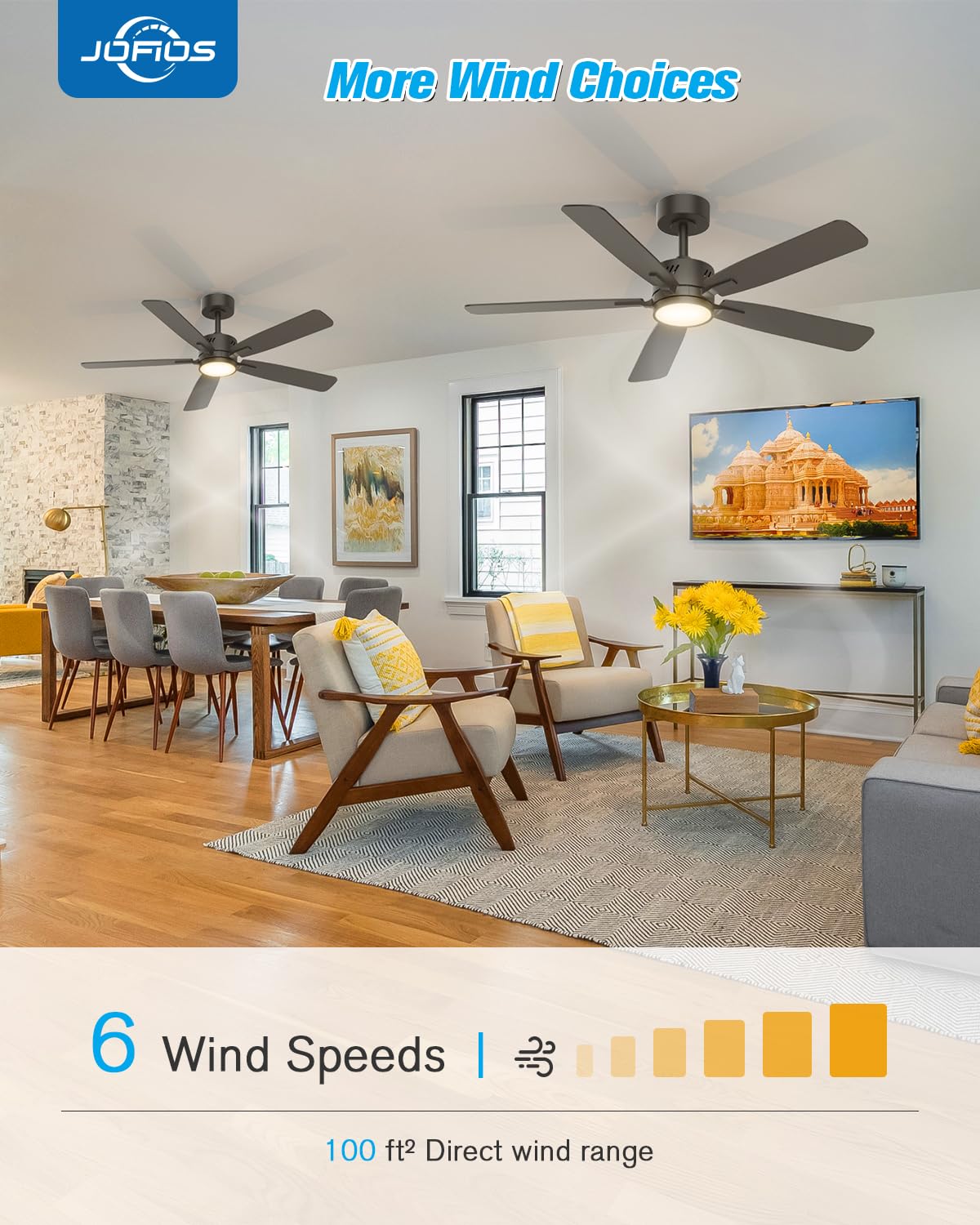 JOFIOS Ceiling Fans with Lights,48 inch Ceiling Fan with Light and Remote,Reversible,3CCT,6-speeds,Dimmable,Noiseless,Black Ceiling Fan for Bedroom, Kitchen,Living Room JOFIOS