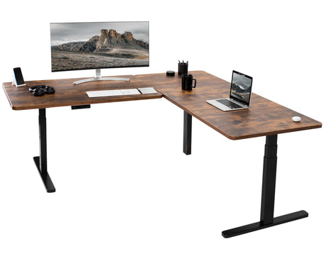 VIVO Electric Height Adjustable 77 x 71 inch Corner Stand Up Desk, 2 Rustic Vintage Brown 30 inch Deep Table Tops, Black Frame, Memory Controller, L-Shaped Workstation, 3E Series, DESK-KIT-3E7BN VIVO