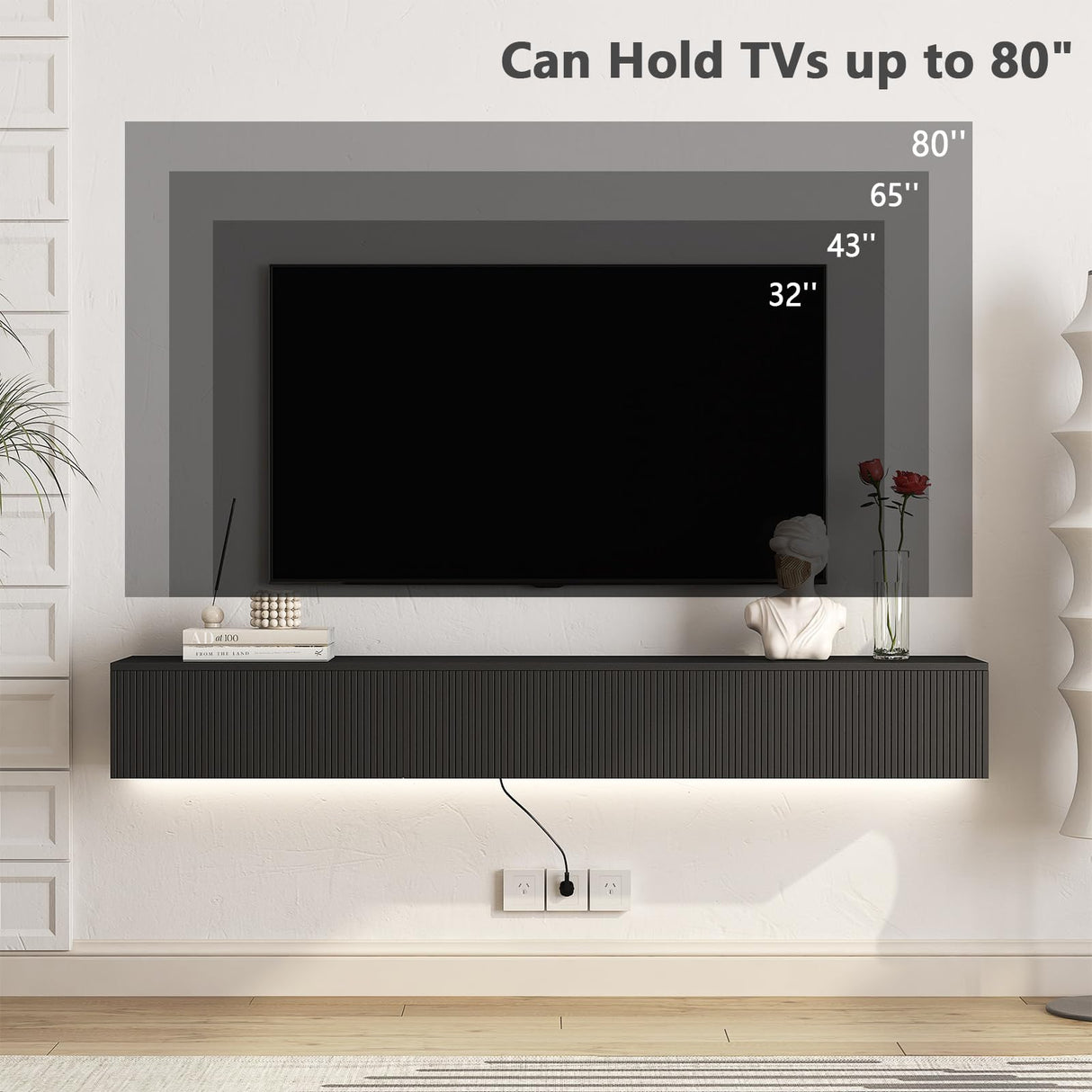 Resenkos Floating TV Stand, Wall Mounted TV Shelf with Led Lights & Power Outlet, Modern Entertainment Center with Storage, 68.8'' Media Console TV Stands for Living Room, Bedroom, Black Resenkos