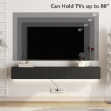 Resenkos Floating TV Stand, Wall Mounted TV Shelf with Led Lights & Power Outlet, Modern Entertainment Center with Storage, 68.8'' Media Console TV Stands for Living Room, Bedroom, Black Resenkos