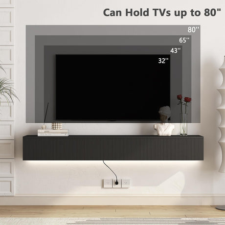 Resenkos Floating TV Stand, Wall Mounted TV Shelf with Led Lights & Power Outlet, Modern Entertainment Center with Storage, 68.8'' Media Console TV Stands for Living Room, Bedroom, Black Resenkos