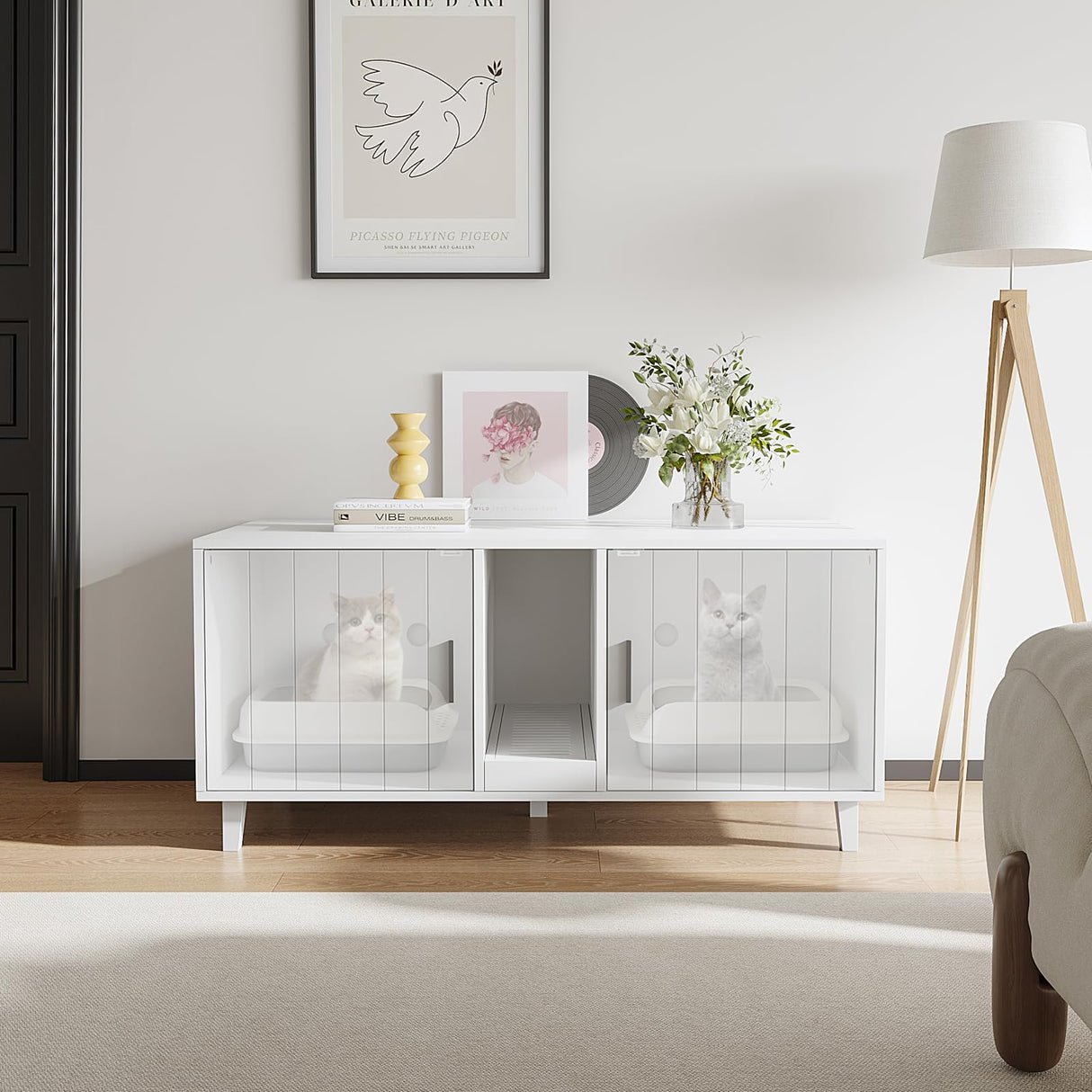 YDTOP Cat Litter Box Enclosure for 2 Cats, Hidden Litter Box Furniture with Scratching Pad, Double Room Wooden Cat House Washroom Storage Cabinet End Table, White YDTOP