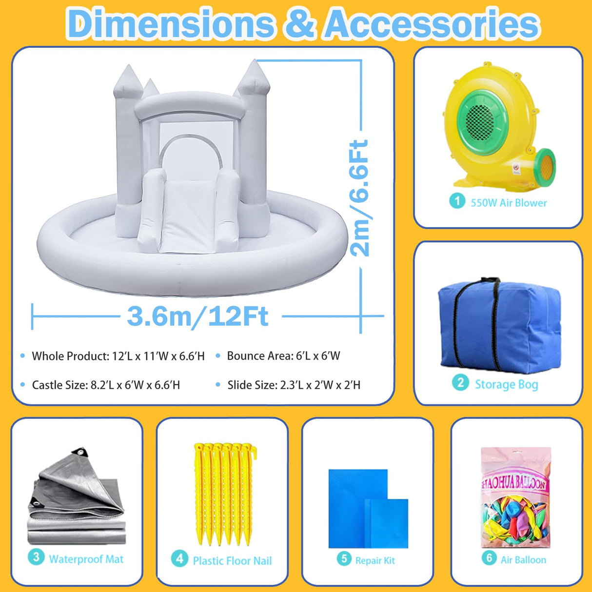 White Bounce House with Ball Pit, Indoor & Outdoor Bouncy Castle with Slide and UL Blower for Kids Family Backyard Party, 12x11Ft Inflatable Bouncer for Boys for Girls ZAFIED