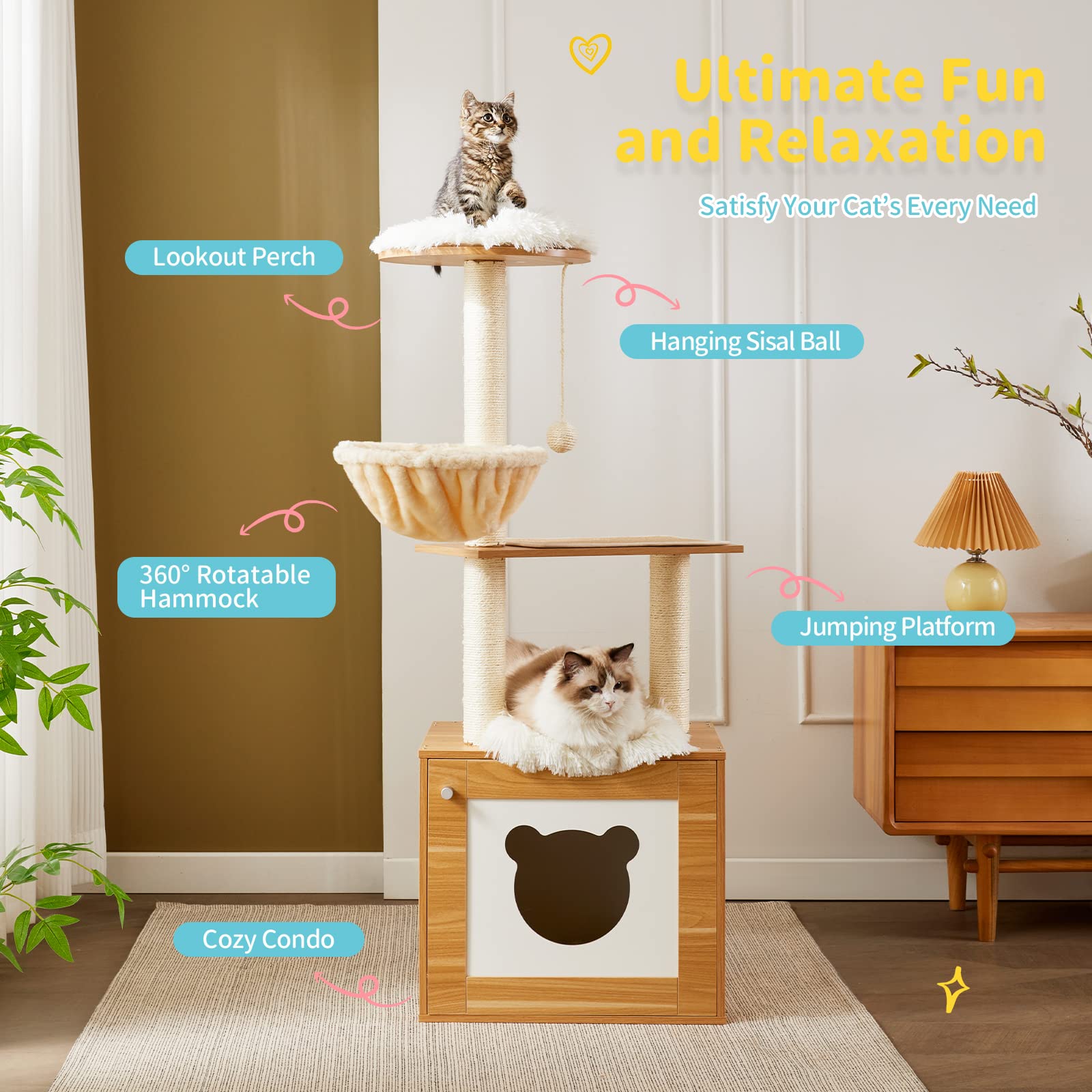 Made4Pets Cat Tree with Litter Box Enclosure, 2-in-1 Modern Cat Tower for Indoor Cats, 48.6" Wood Kitten Condo with Scratching Post and Hammock, Removable Scratch Pad for Large Cats - WoodArtSupply