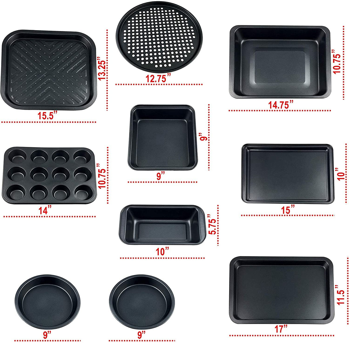 Perlli Baking Pan 10 Piece Set Nonstick Carbon Steel Gray Oven Bakeware Kitchen Set, 2 Cookie Sheets, 2 Round Cake Pans, Square Pan, Roasting Pan, Loaf Pan, Crisp Pan, Pizza Crisper, & Muffin Pan PERLLI