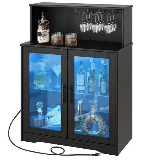 HOOBRO Wine Bar Cabinet with Storage, LED Liquor Cabinet with Power Outlets, Coffee Bar Cabinet for Liquor and Glasses, Glass Cabinet Doors, for Bar, Dining Room, Kitchen, Black BK78UDJG01 - WoodArtSupply