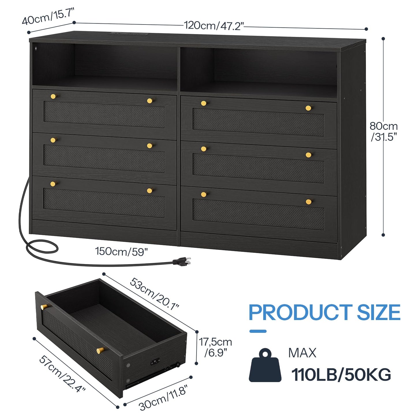 HOOBRO 6 Drawer Dresser with LED Lights and Charging Station, Black Rattan Dresser for Bedroom, Rattan Chest of Drawers,15.7" Wide LED Dresser, with Open Storage, Wooden Dresser for Closet, Black